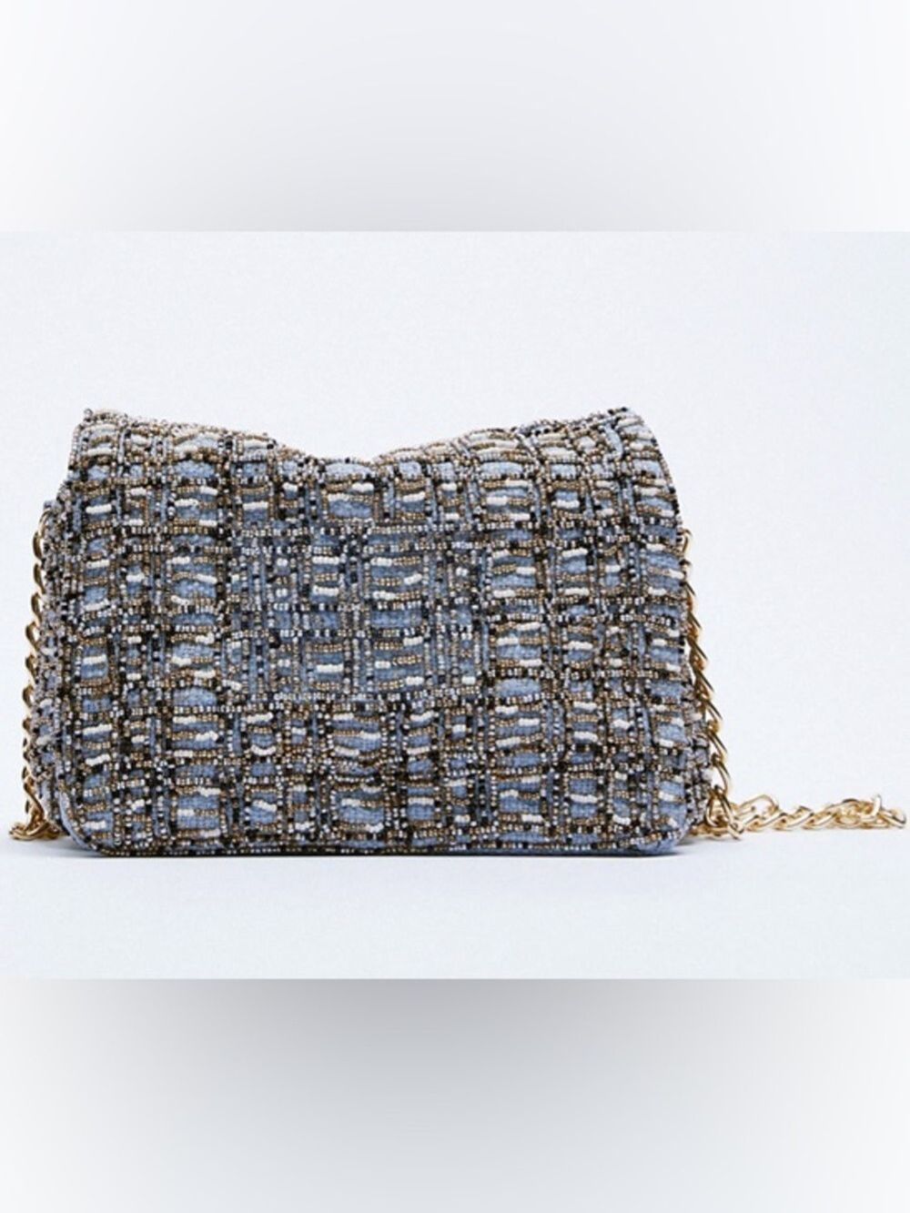 Zara Beaded Tweed Clutch with Gold Chain